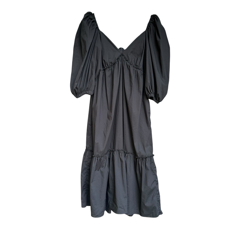 Padova Columbia Black Tiered Puff Sleeve Sweetheart Midi Dress 100% Cotton Sz 8